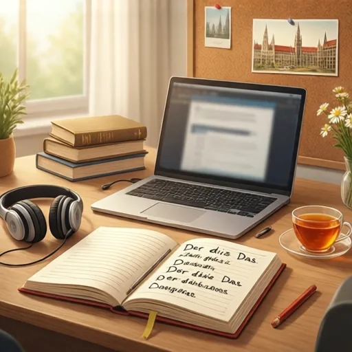 Teacher’s desk with German notebook and headset